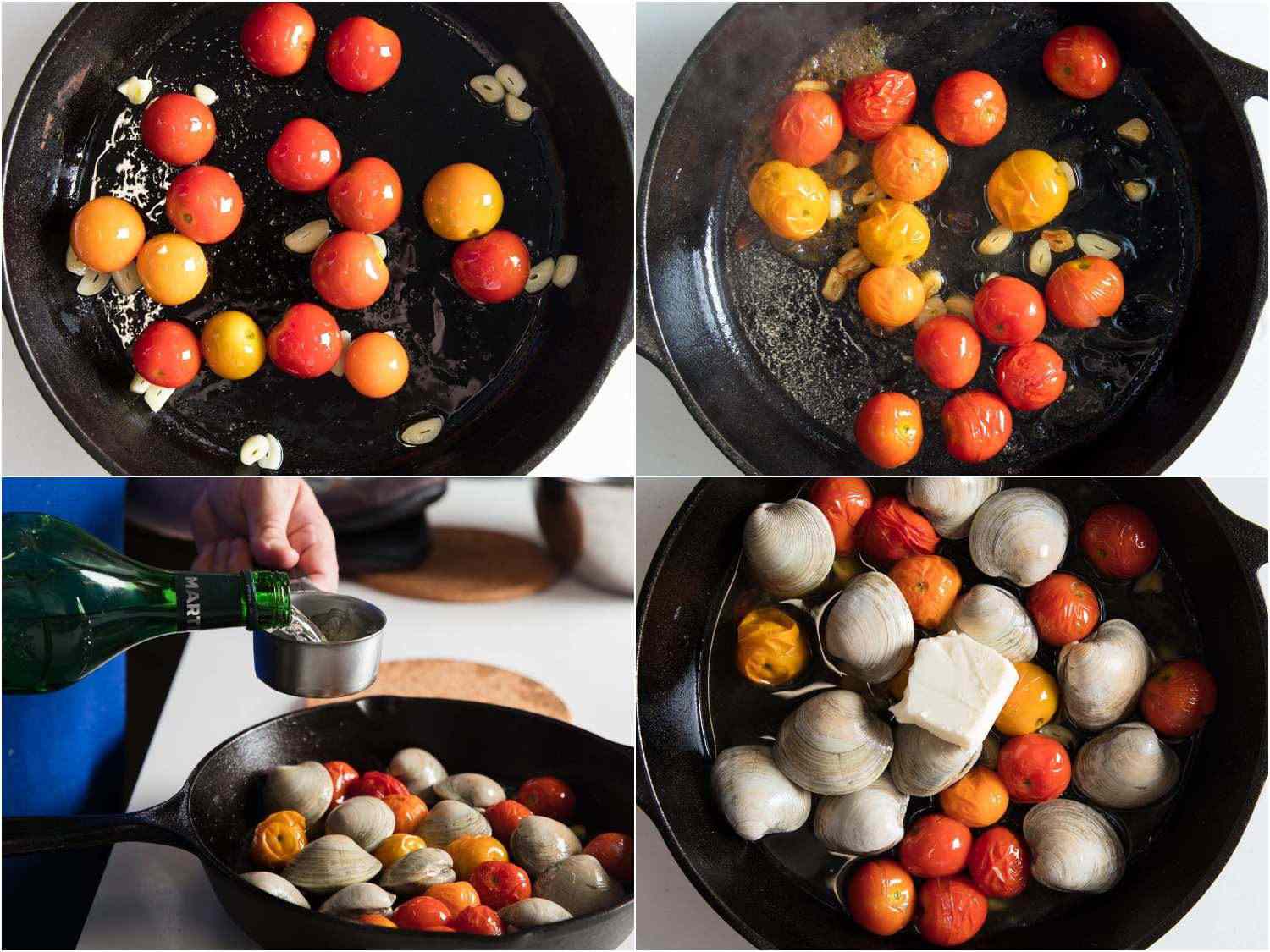 Cooking process of cherry tomatoes and clams with butter and vermouth in a cast iron skillet