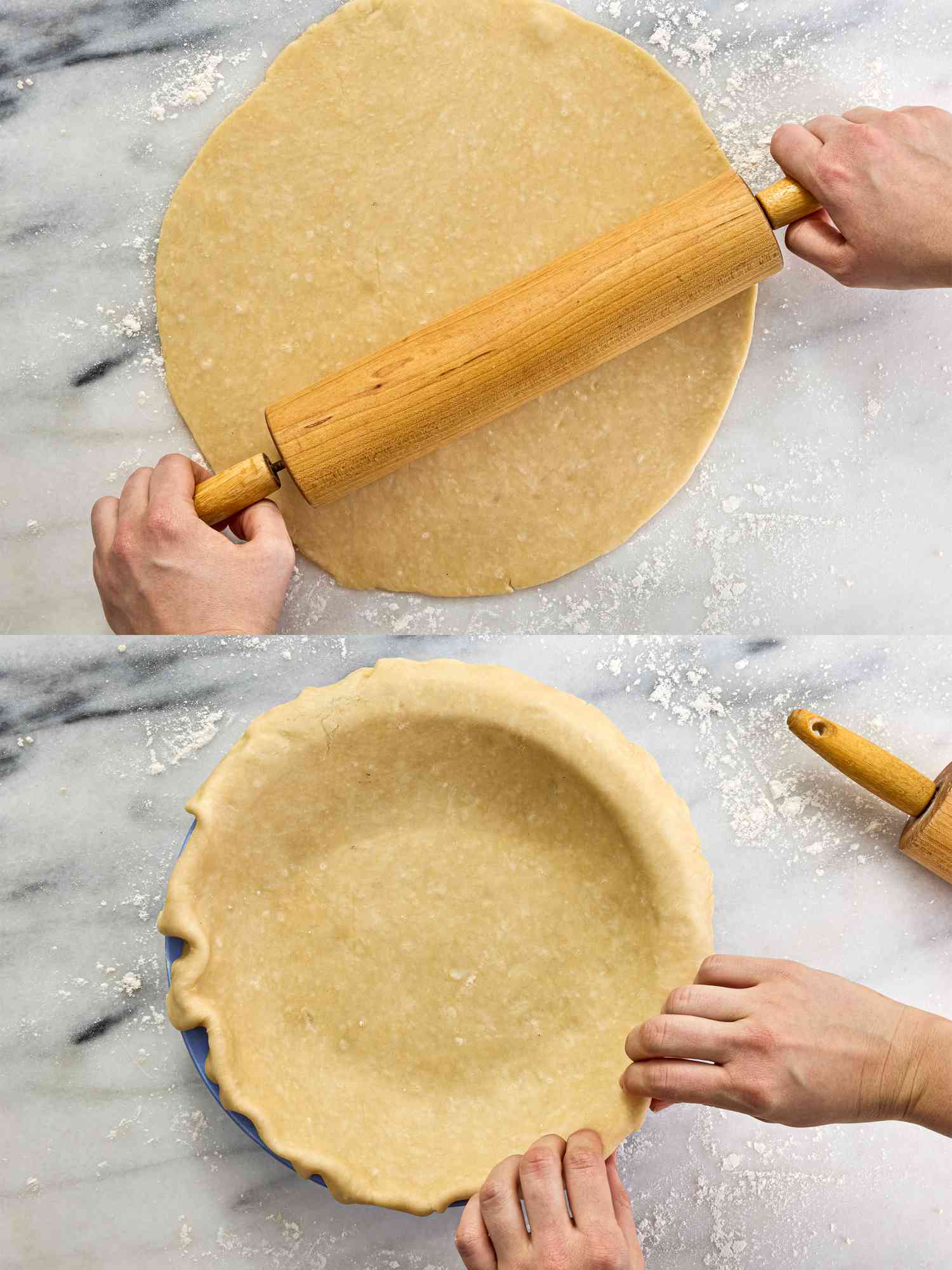 Two image collage of rolling out dough and placing in pie pan