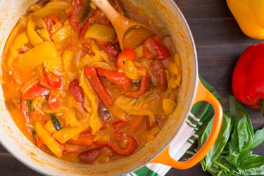 Southern Italian peperonata in an enamel cast iron Dutch oven