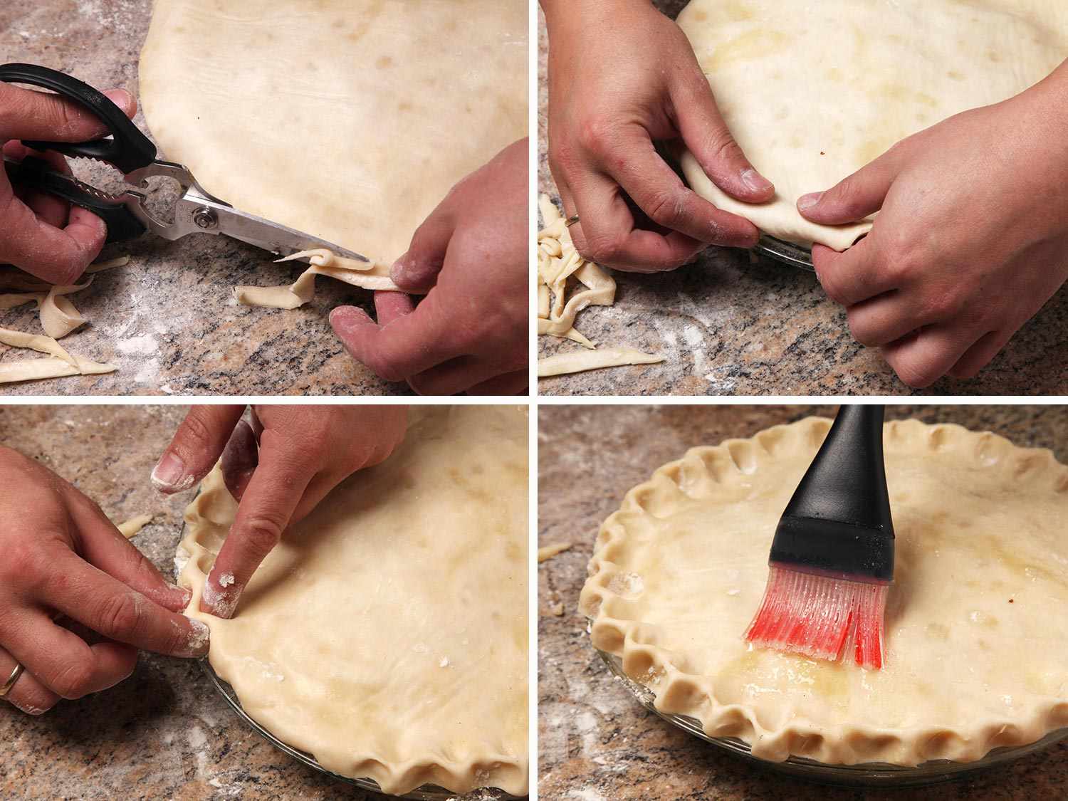 A collage showing a pie crust being trimmed and then formed in a glass pie plate.