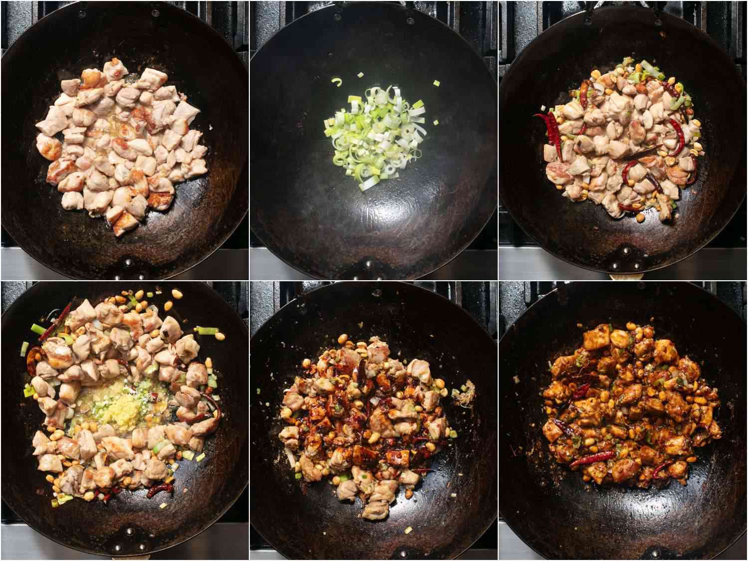 A collage of six photos showing how to cook Real Deal Kung Pao Chicken in a wok. 