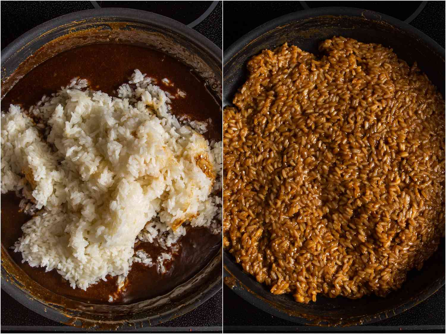 collage: cooked rice added to caramel; everything mixed together and thickening