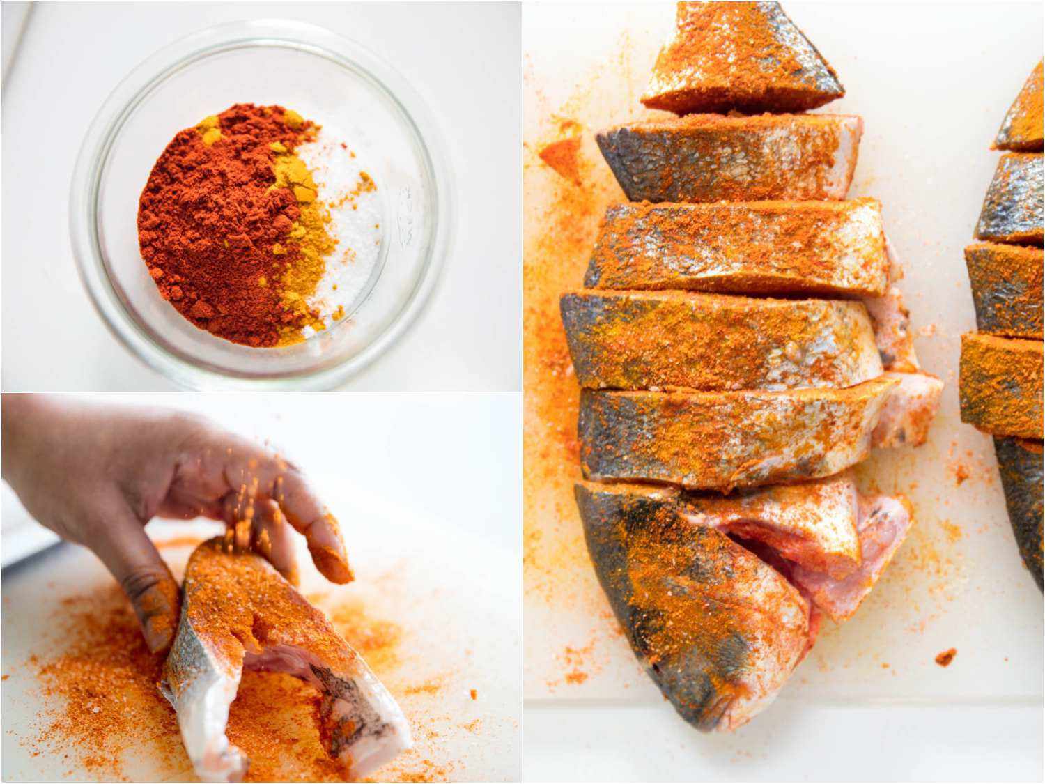 A three-image collage. The top left image shows a small glass bowl holding a mix of spices. The bottom left image shows a fish steak being seasoned with spices. The rightmost image shows whole, sliced fish being seasoned with spices.