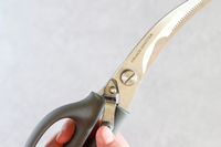Williams Sonoma poultry shears held in a hand with a thumb on its levered lock