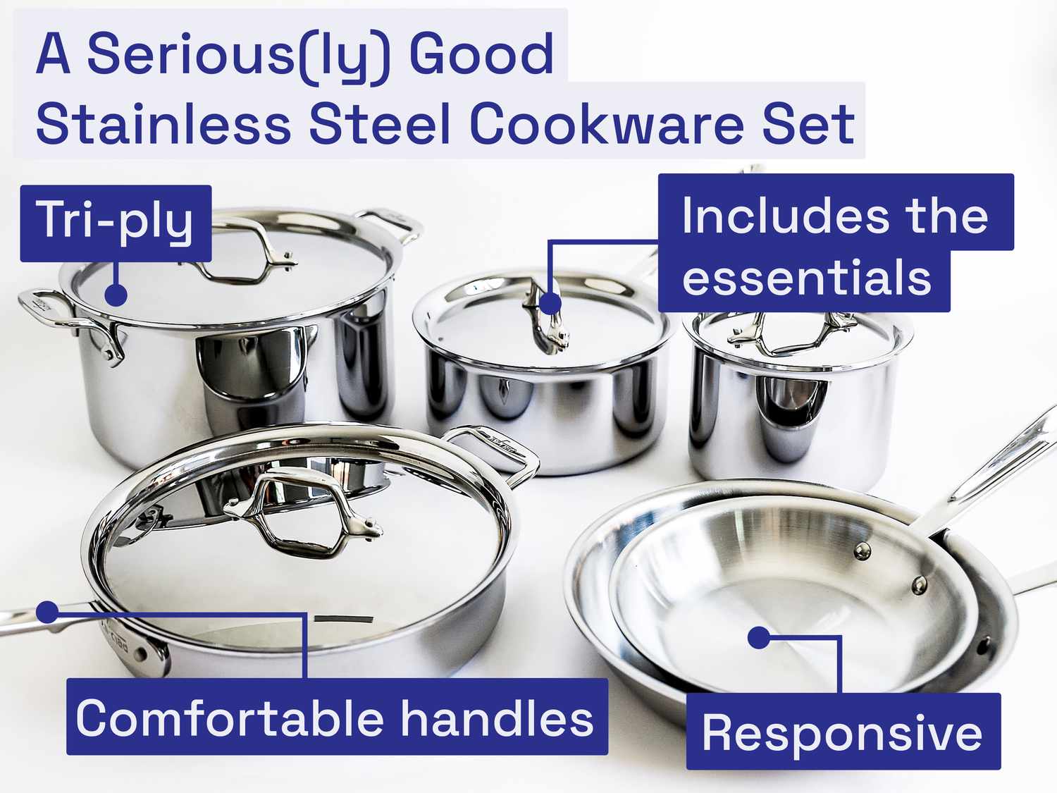 a stainless steel cookware set on a white backdrop