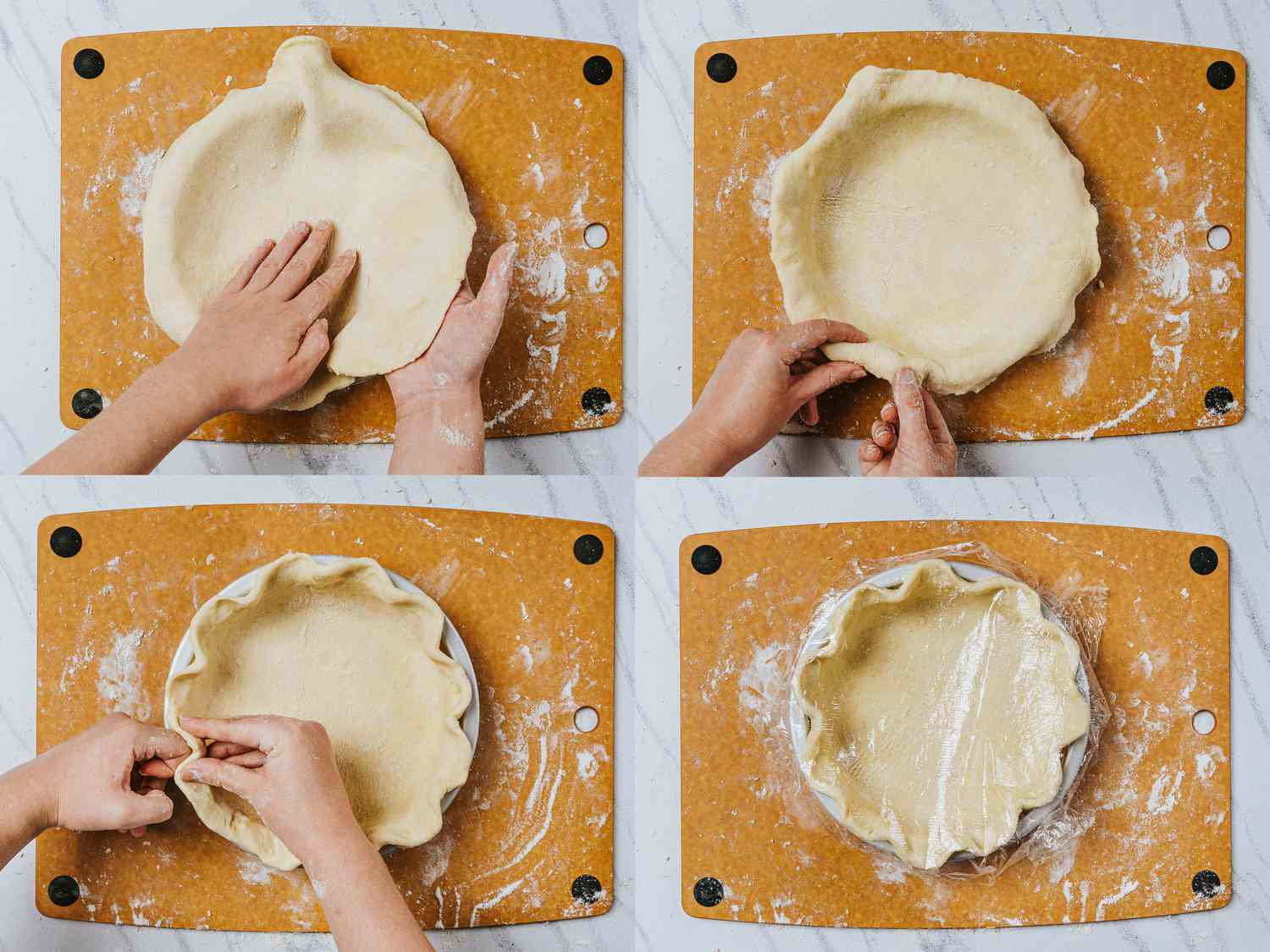 Four image collage of folding pie crust 