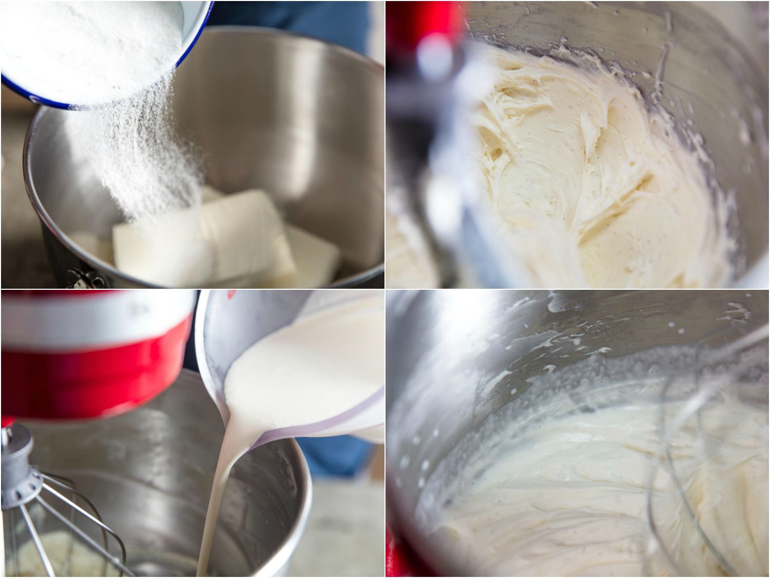 A collage of 4 images showing sugar and cream cheese being beaten in a bowl of a standing mixer, followed by cream being whipped with a whisk attachment until the mixture achieves stiff peak. 