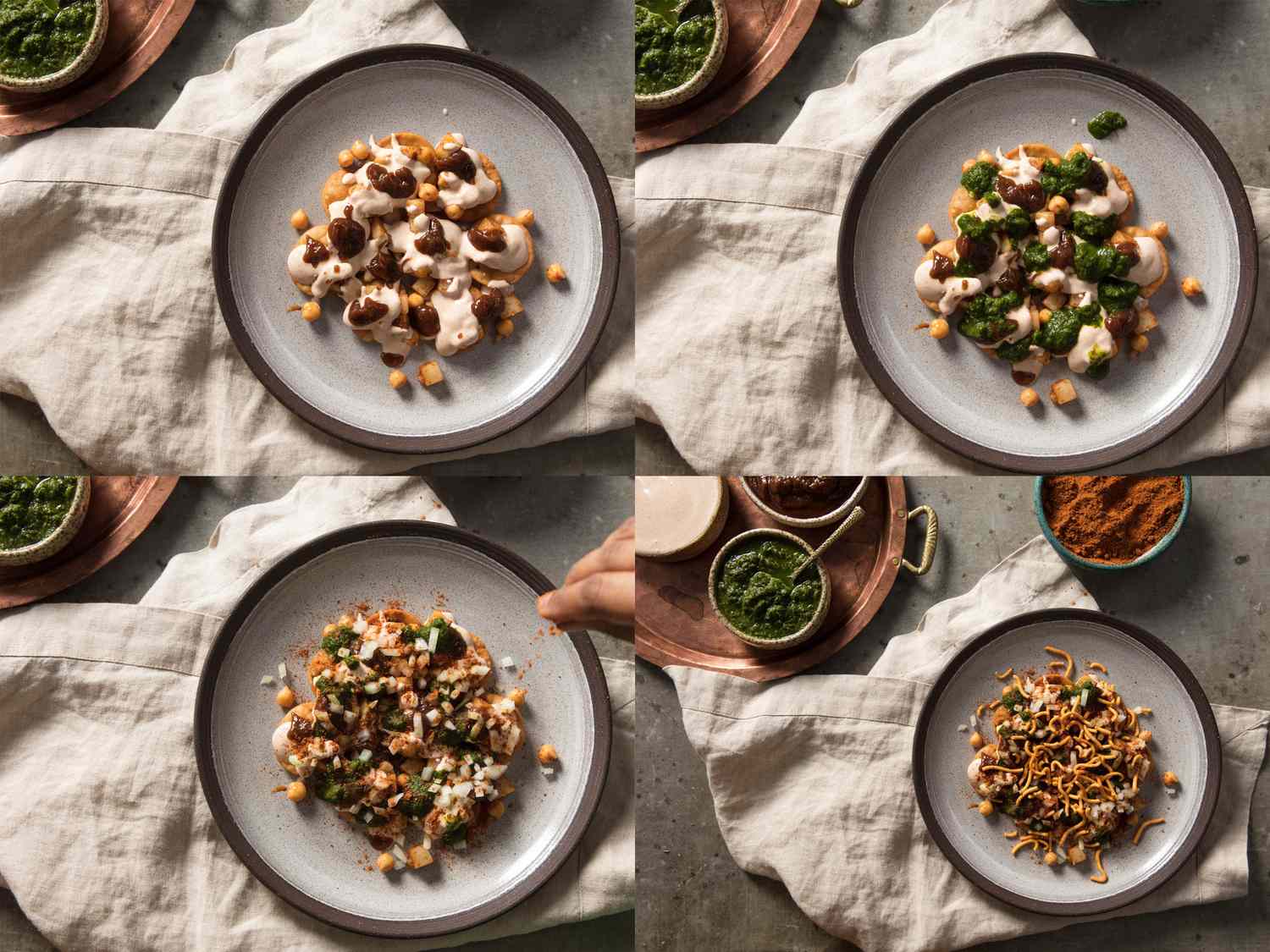 A four-image collage showing the papris, potatoes, and chickpeas being topped by chutneys and sev crackers.