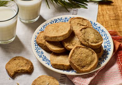 Overhead view of cookies on a Christmas plate