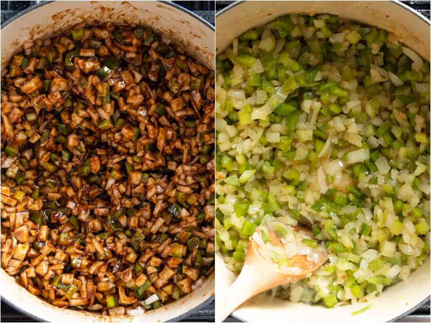 A two image collage with two methods of cooking the aromatic vegetables of gumbo. In left image has them cooking in the roux, and the right image has them cooking in oil with the roux added later.