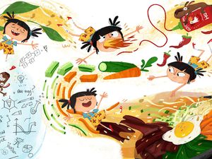 Cartoon illustration of a little girl making bibimbap. 