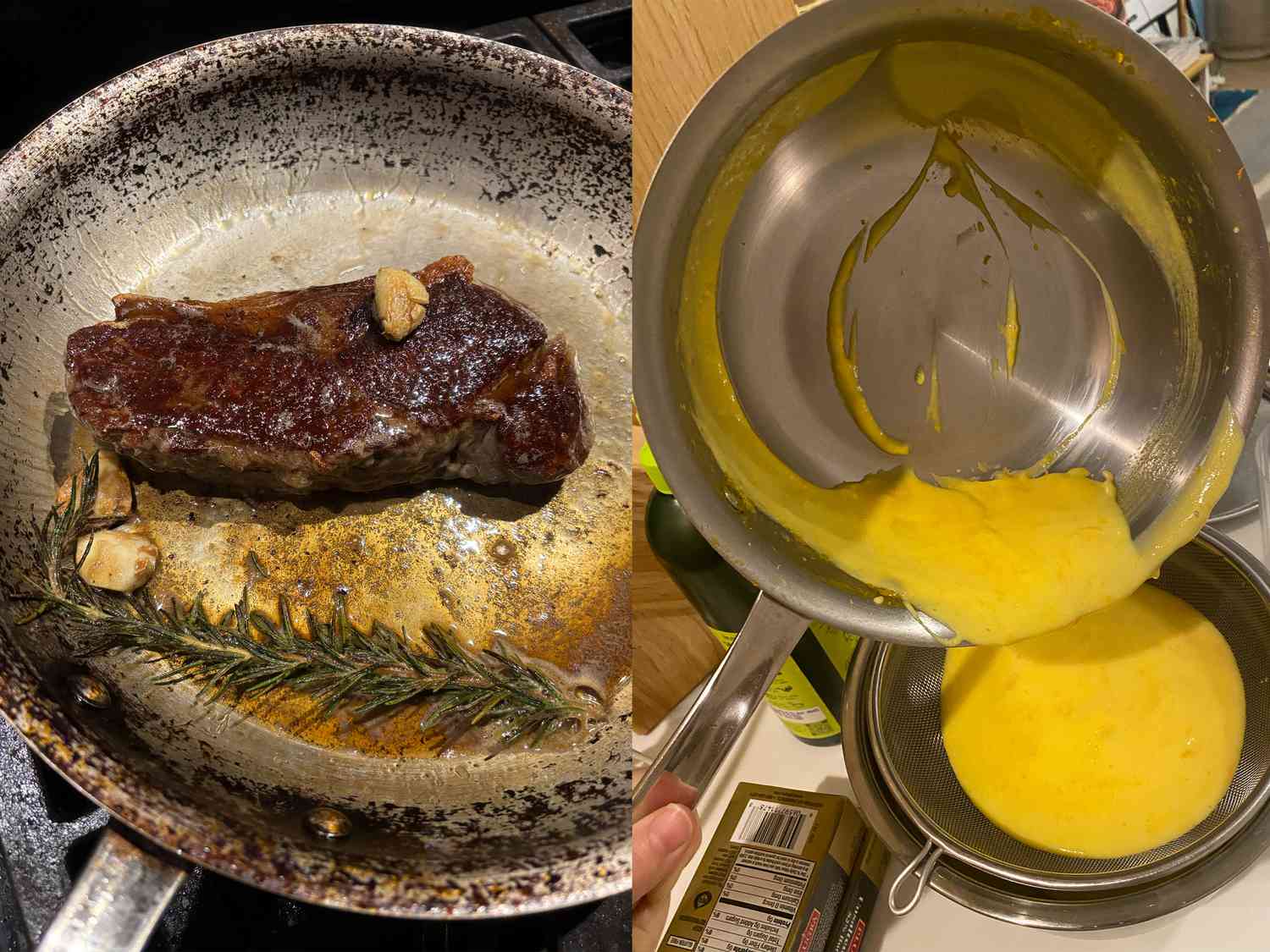 side by side showing the all-clad d5 searing steak and pouring custard into a sieve