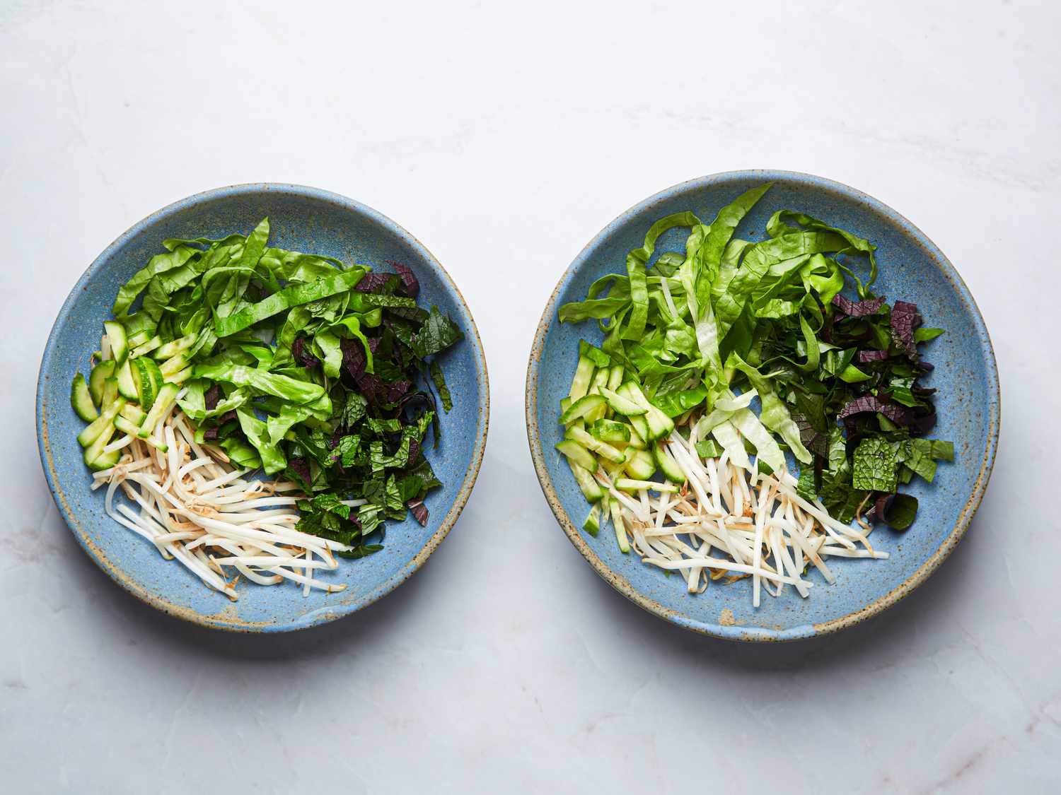 Overhead view of two bowls with herbs in the base