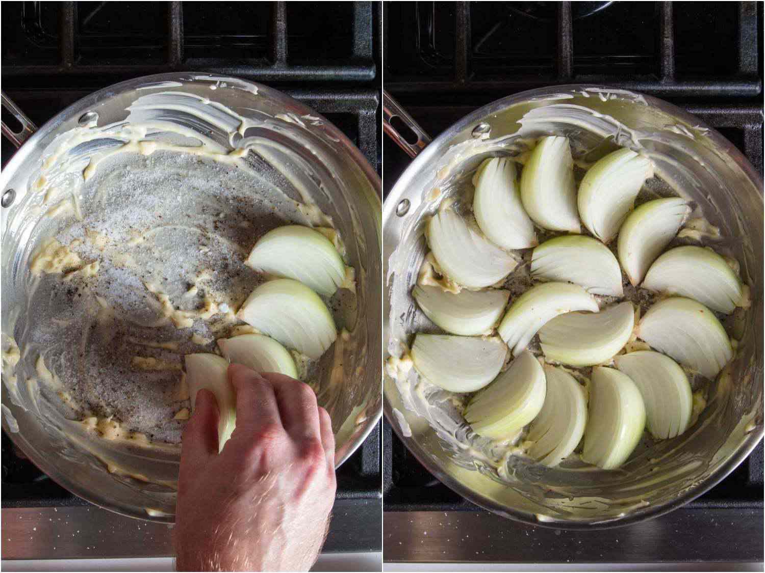 A collage of placing onion wedges in a tight circular pattern in the skillet. 