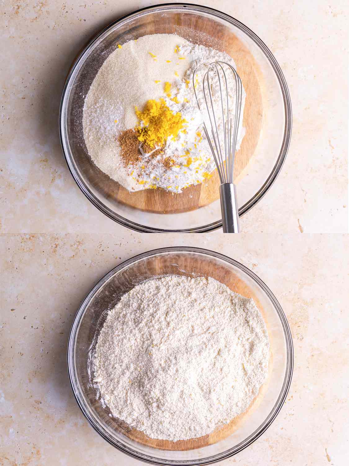 Two Image Collage: Unmixed dry ingredients in a glass bowl with a whisk (top) and ingredients fully mixed (bottom)