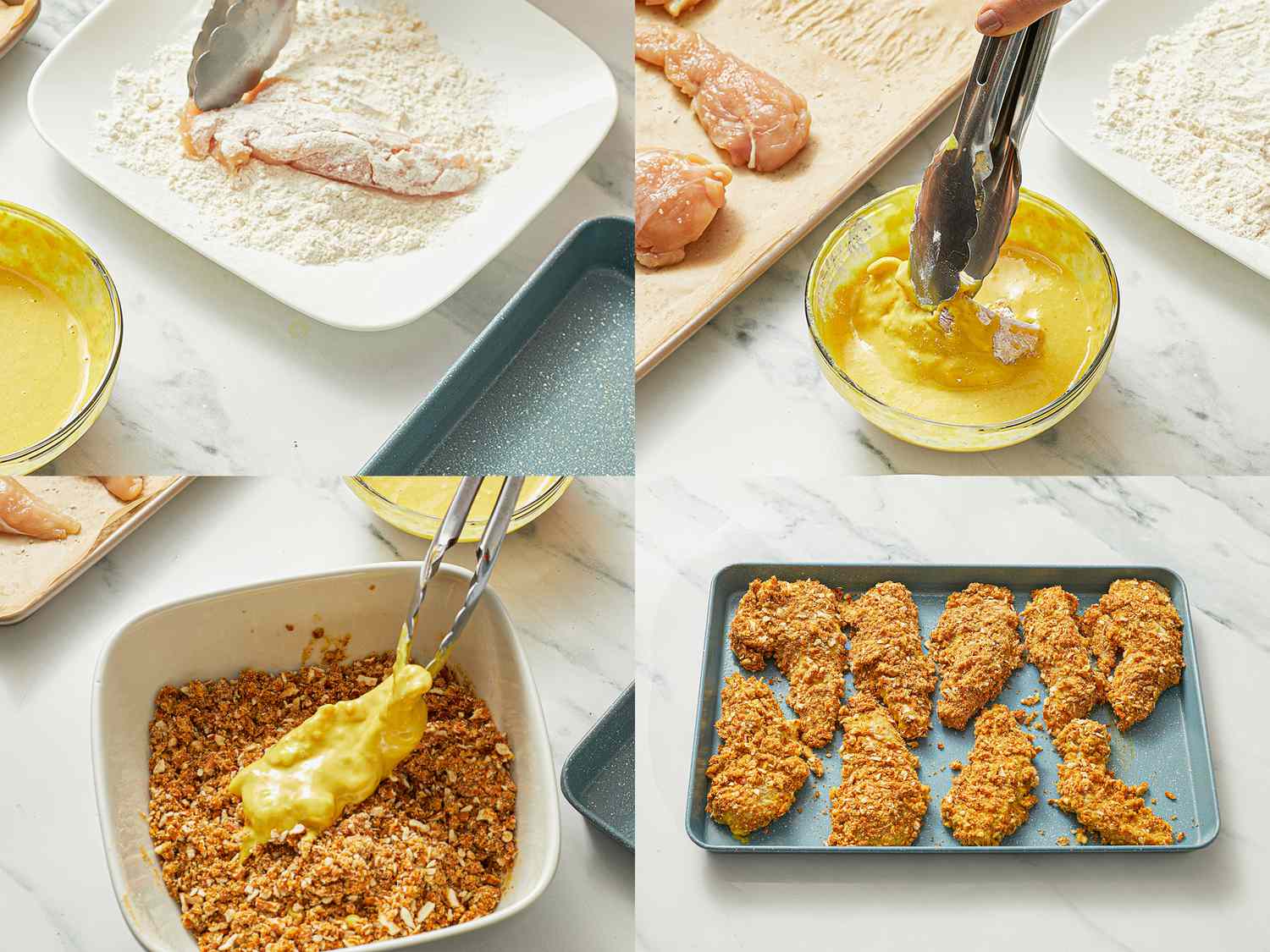 Chicken tenders shown in the process of breading and preparation, including flour, honey mustard, pretzel breading, and a baking tray.