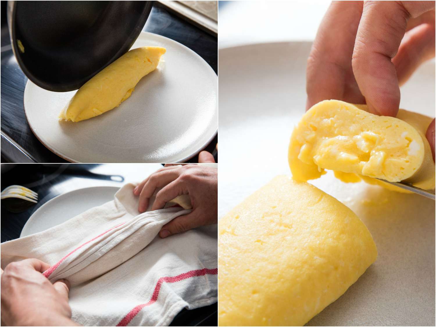 Collage of photos of plating a French omelette: tipping the omelette out of the skillet onto a plate, shaping omelette with a towel, cutting into omelette to reveal a softly set center.