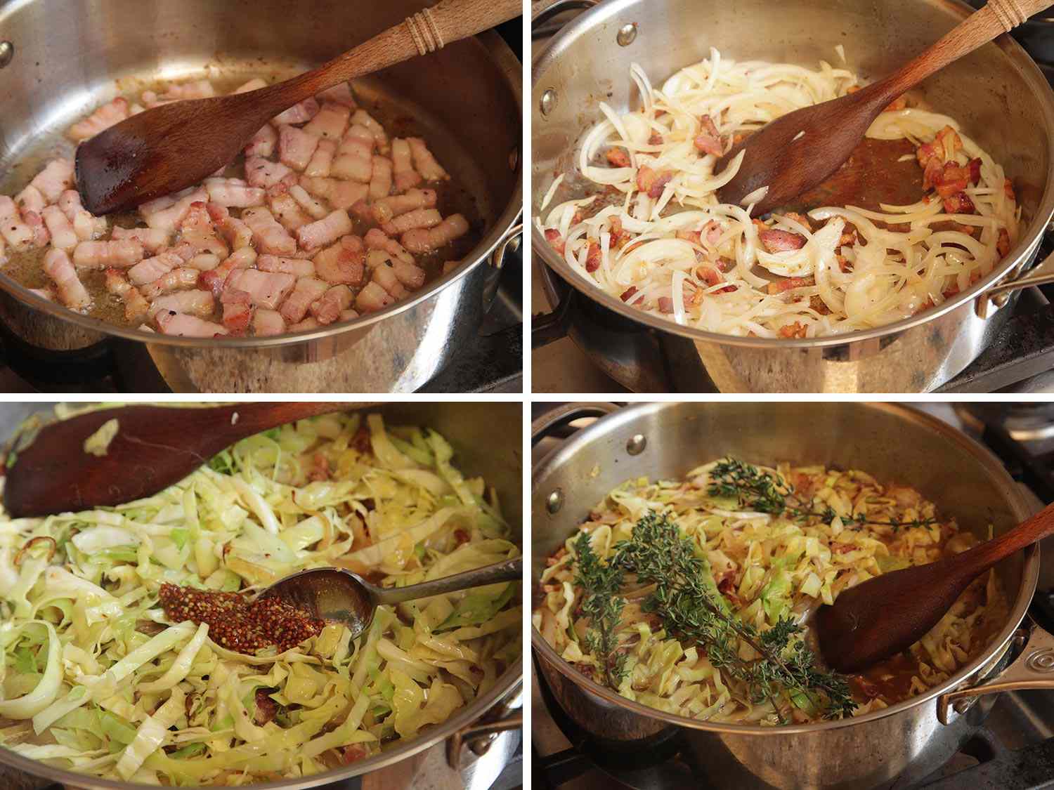 A four-picture collage showing rendering fat from salt pork, sauteeing sliced onions in the pork fat, adding sliced cabbage, and adding herbs. 