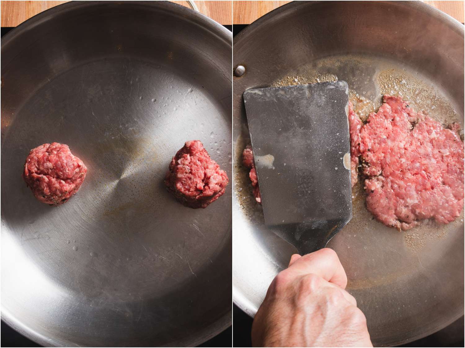 Photo collage showing beef pucks in hot stainless steel skillet before and after smashing with flat metal spatula.