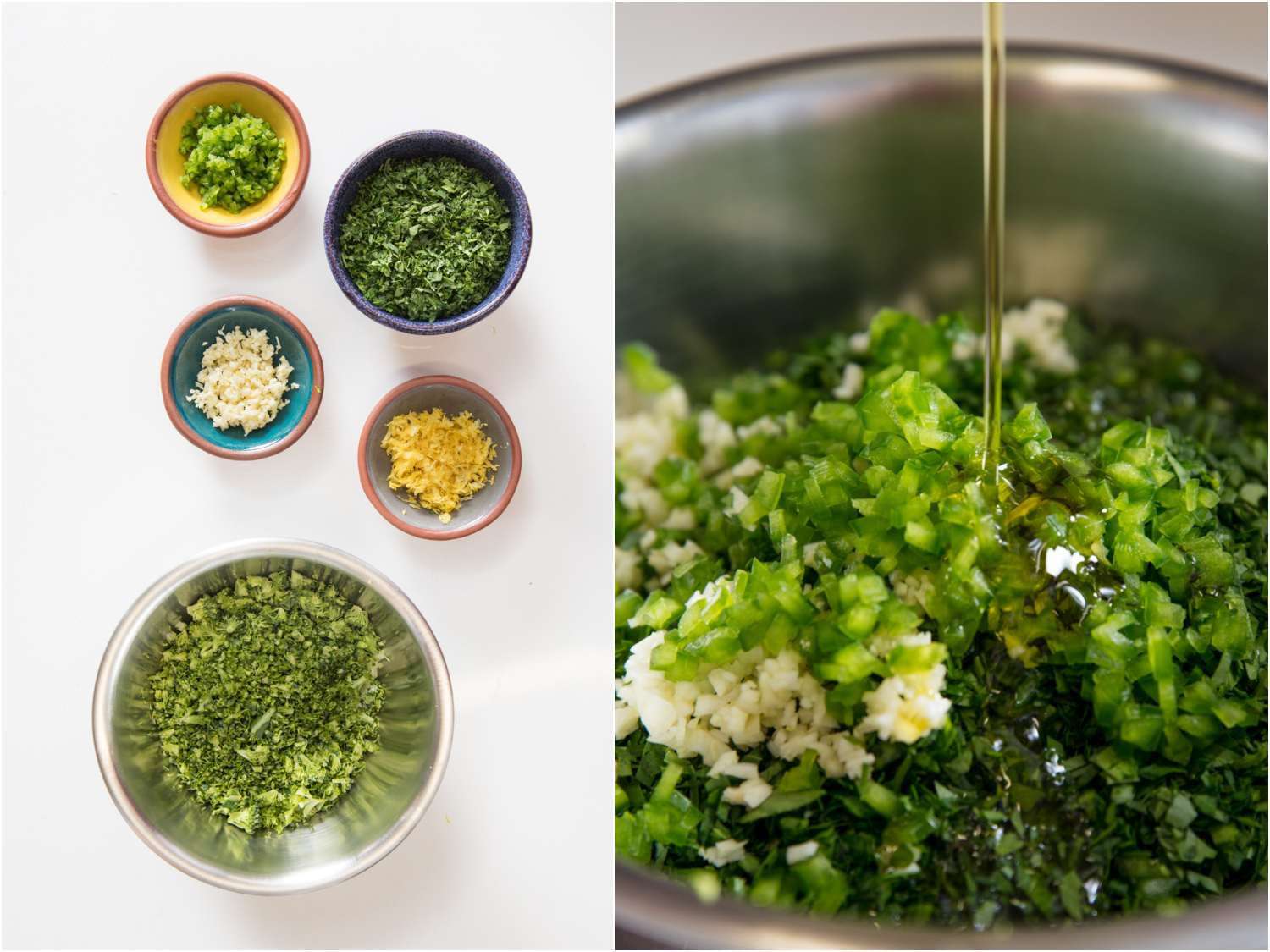 Making broccoli stem gremolata. On the left: overhead view of all the ingredients for the gremolata assembled in prep bowls. On the right: the gremolata is combined in one bowl with olive oil.