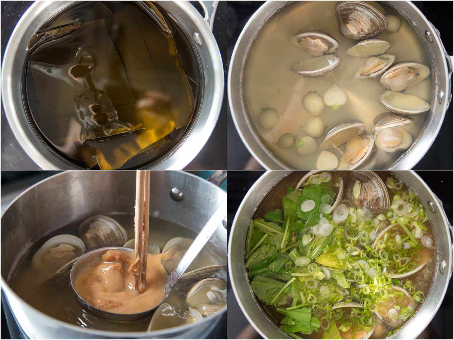 Stages of making miso soup with clams: soaking kombu in water, adding clams and halved turnips to dashi, mixing miso into dashi, adding scallions and greens