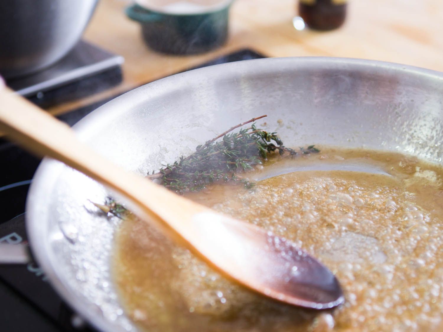 Fresh thyme, butter, sugar, and vinegar simmered down into a glaze.