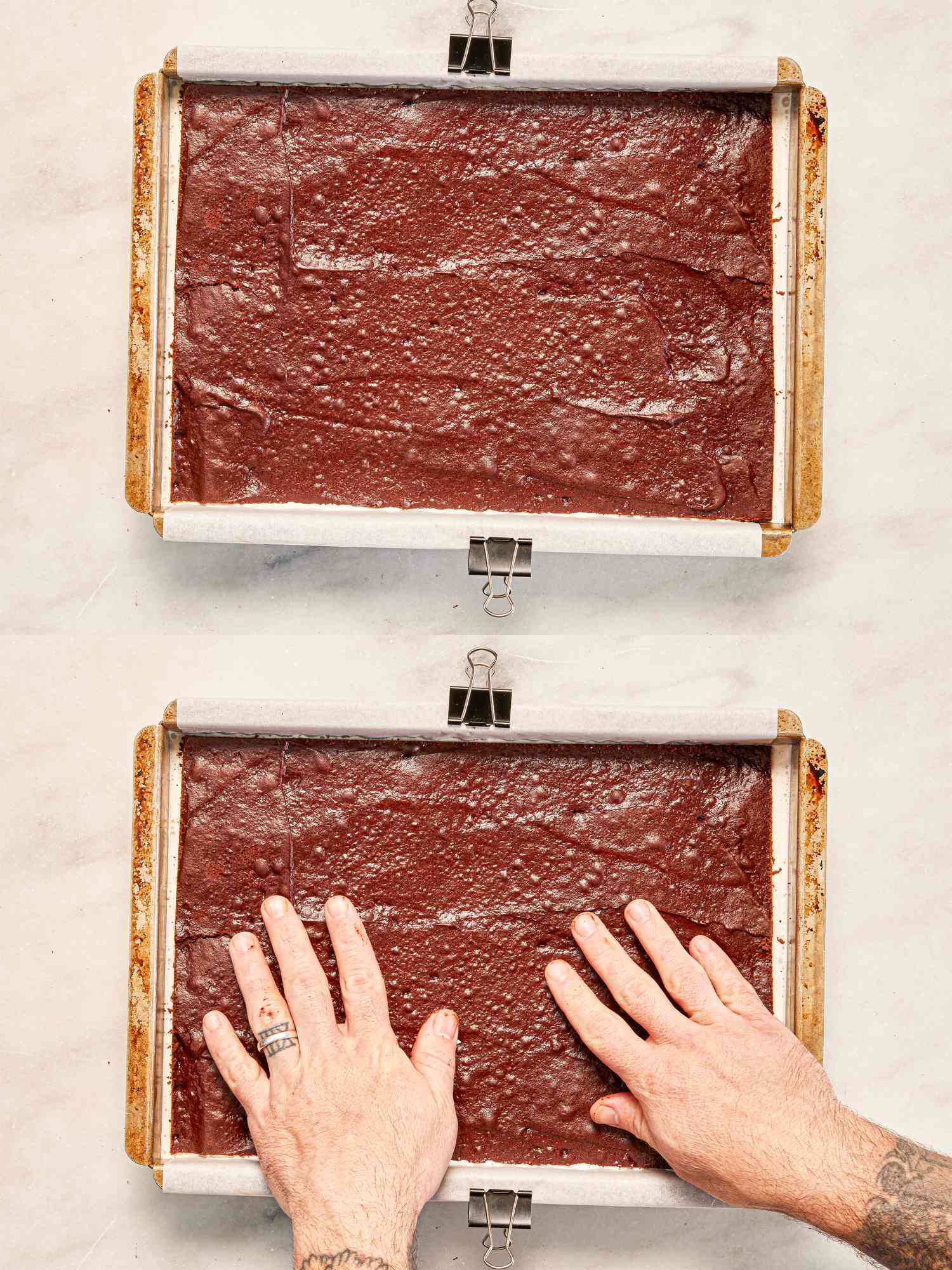 Two image collage of placing wafer on top of ice cream and pushing down