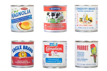 Six assorted cans of sweetened condensed milk. 