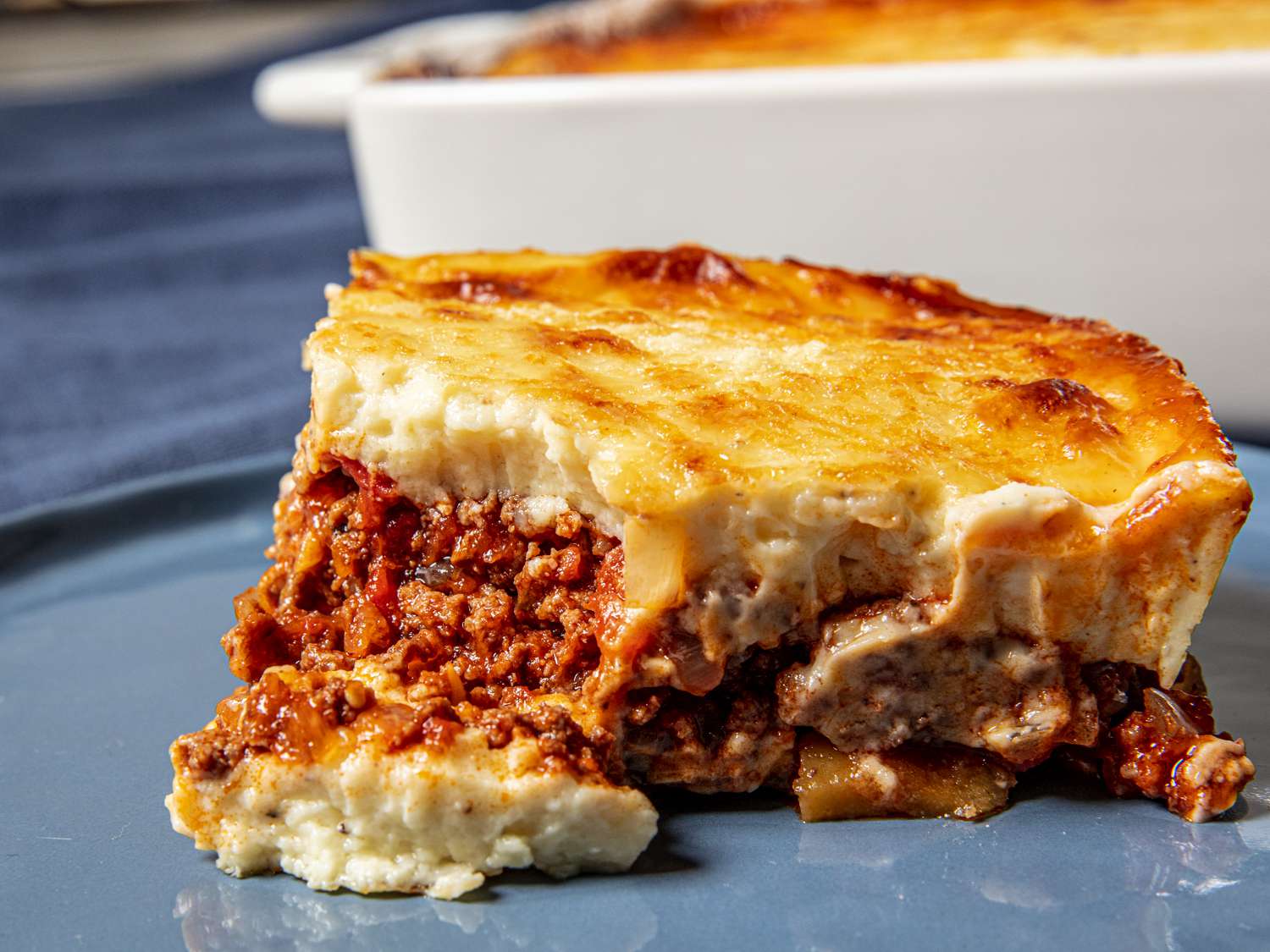 Plated moussaka showing off layers