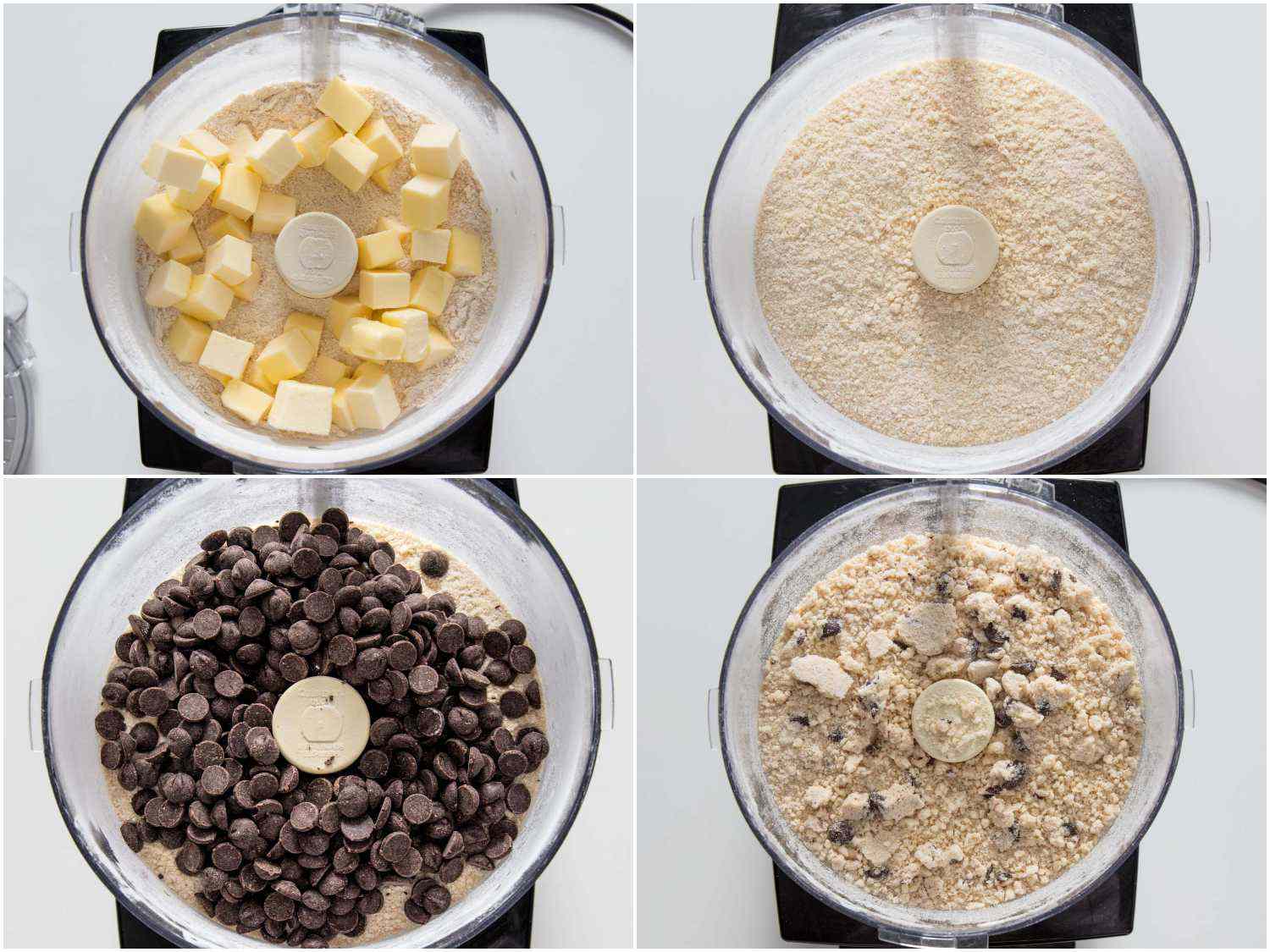 A 4-image collage of processing butter, chocolate chips into cookie dry mix.