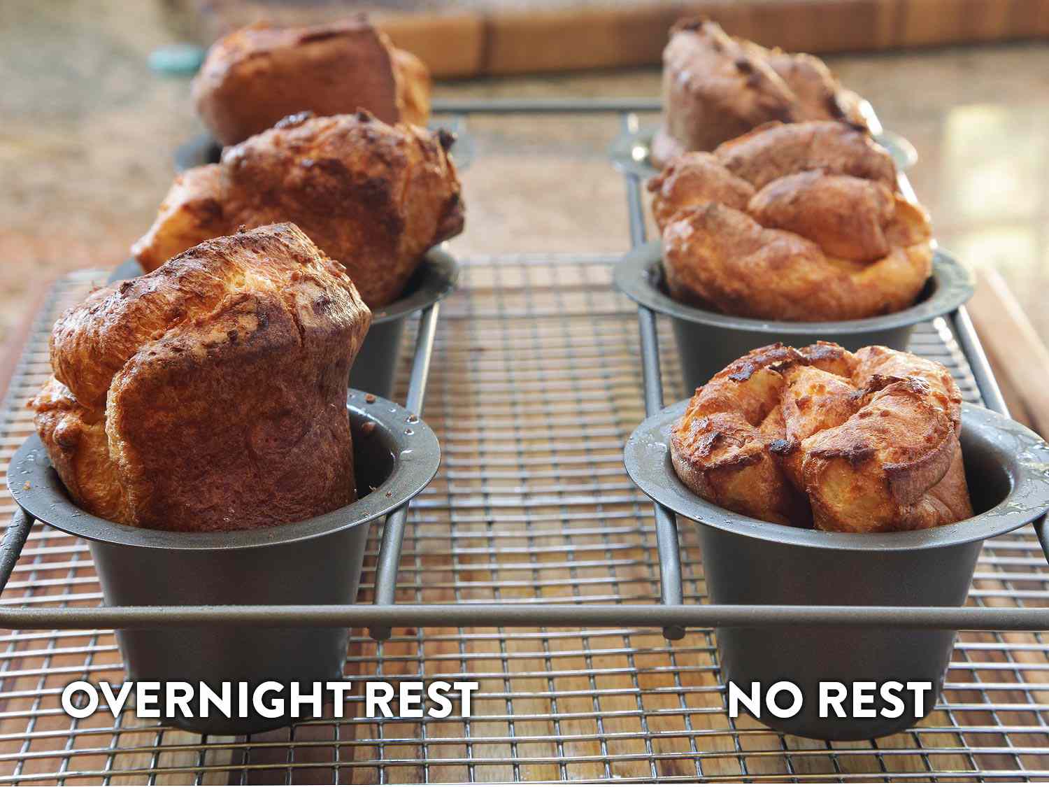 Comparing a tin of Yorkshire puddings cooked from rested and un-rested batter.