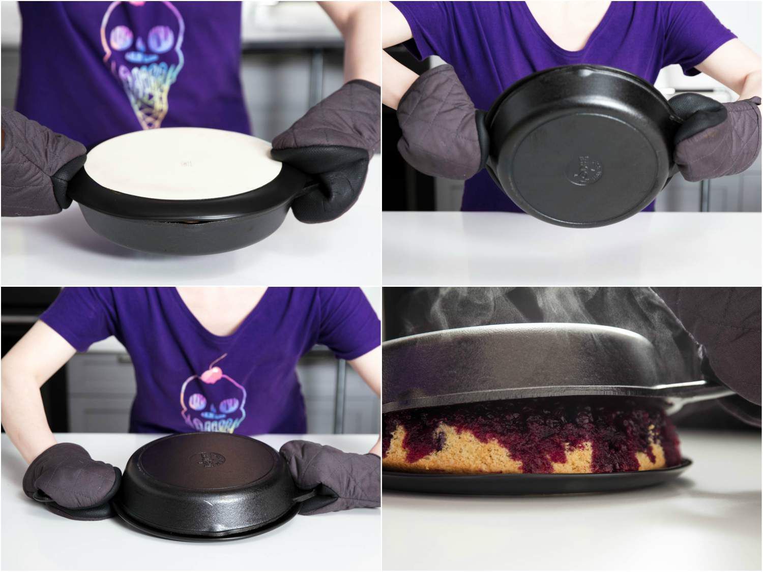 A four-image collage of covering the muffin with a plate, and then flipping and unmolding, steam releasing from the skillet.