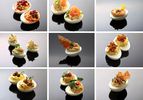 A collage assortment of various deviled eggs. 