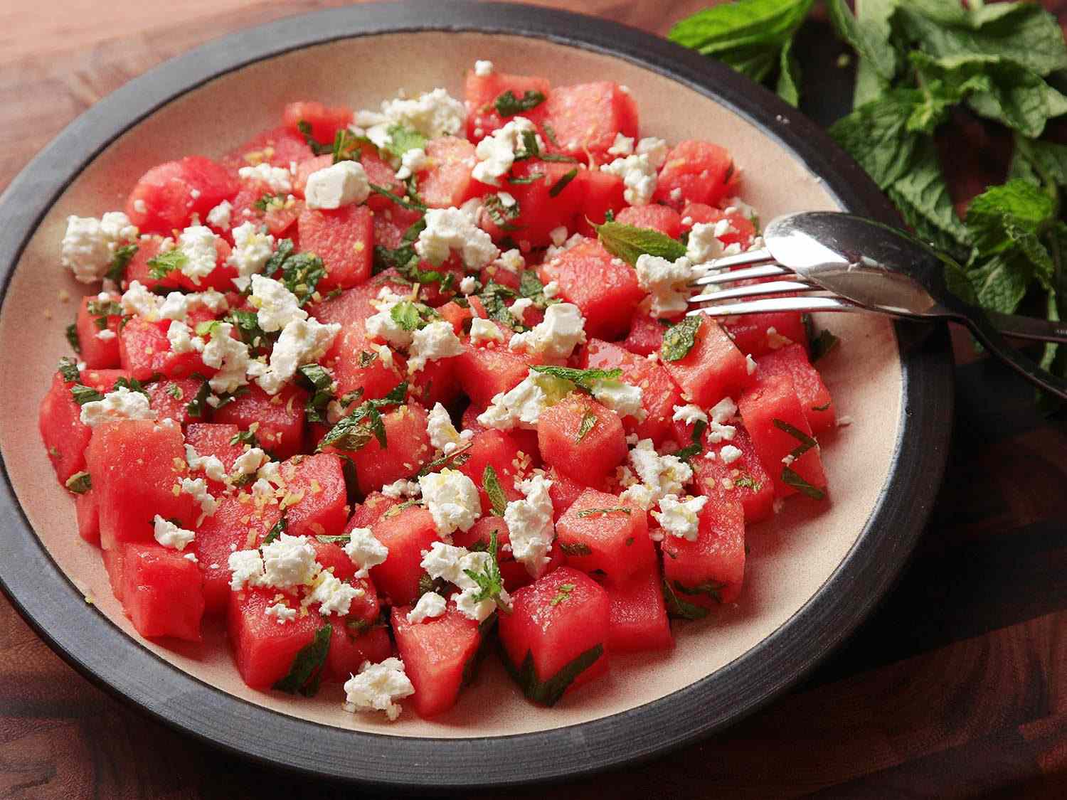 Watermelon and feta salad on serving plate.