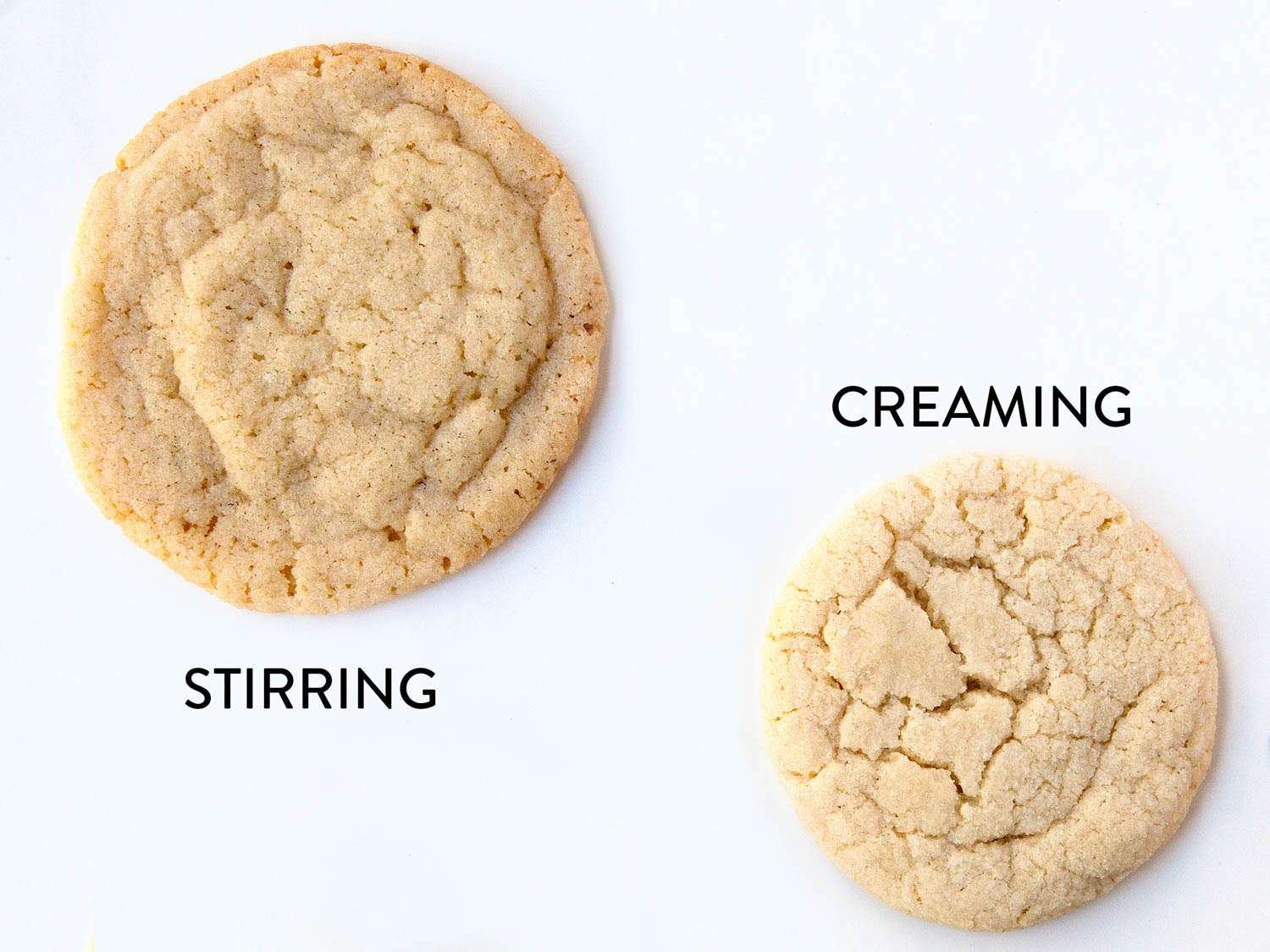 A side by side comparison of two sugar cookies, one with the batter stirred, the other with the batter creamed. The stirred cookie spreads more and the creamed cookie rises better.