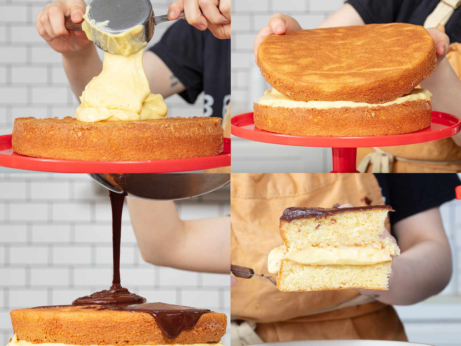 Four image collage of assembling Boston Cream Pie