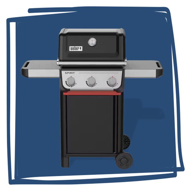 Weber Spirit E310 gas grill with side shelves and control knobs set against a blue background