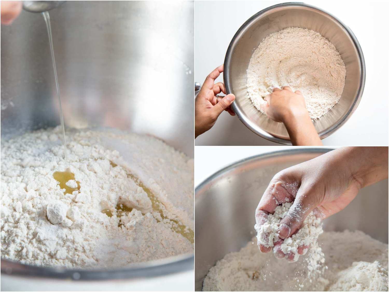 A collage of 3 images: Adding oil to flour, rubbing flour into paratha dough.
