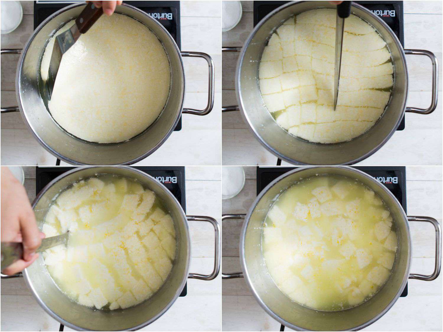 Photo collage showing the traditional steps of cutting and cooking the curd to make homemade fresh mozzarella.