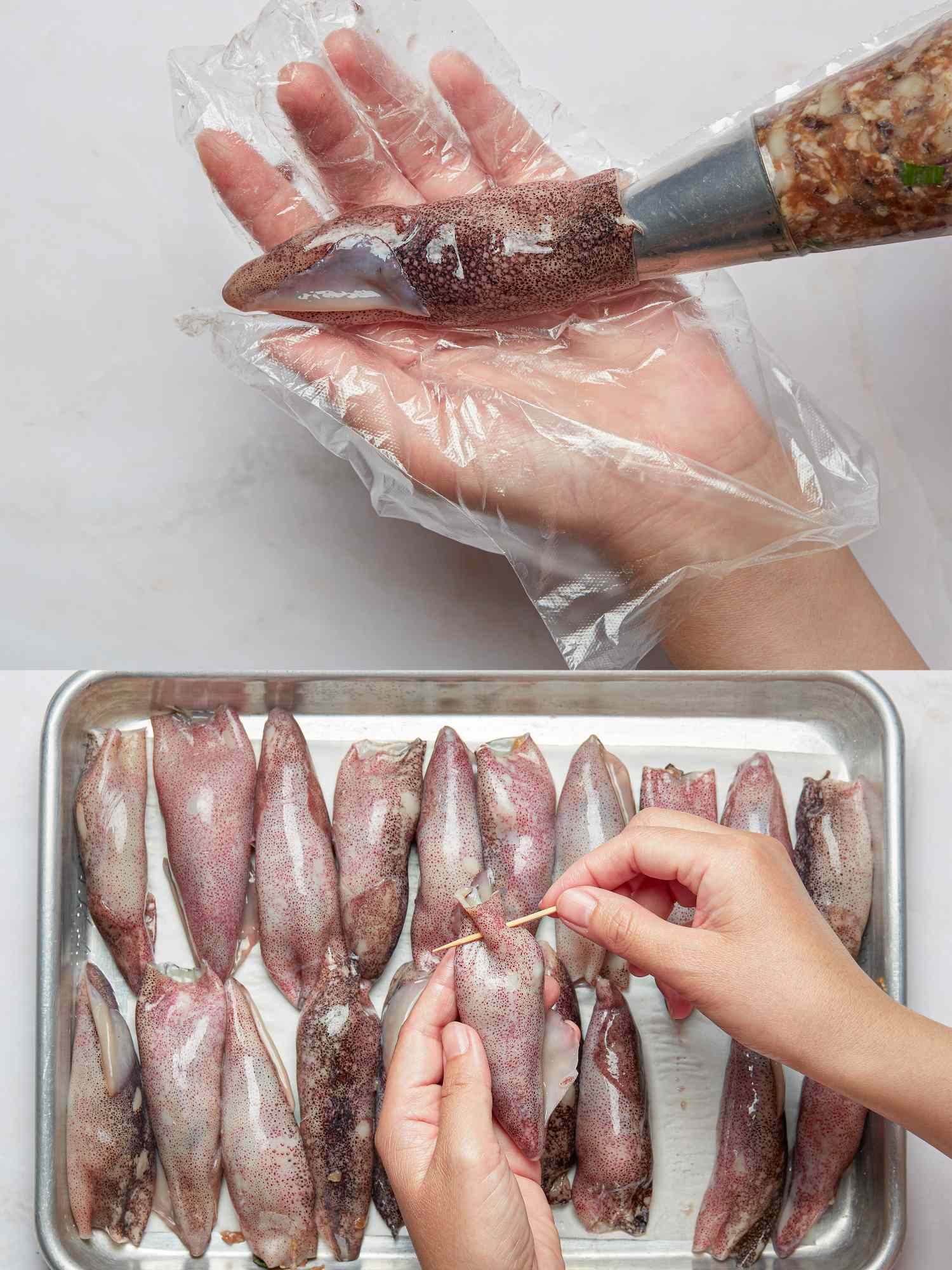 Stuffing and preparing squid on a baking tray