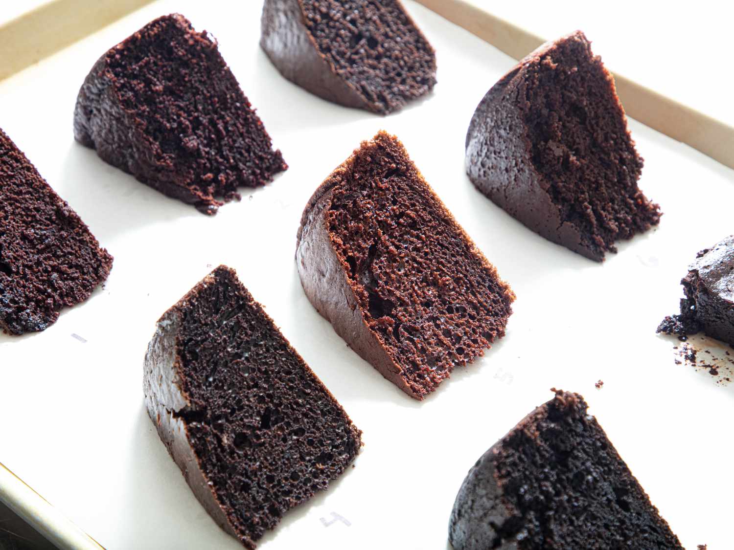 Multiple slices of chocolate cake arranged on a tray