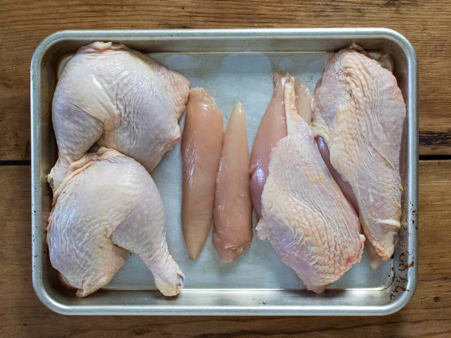 Primary chicken cuts on a rimmed baking sheet: from left to right: Legs, tenders, breast halves