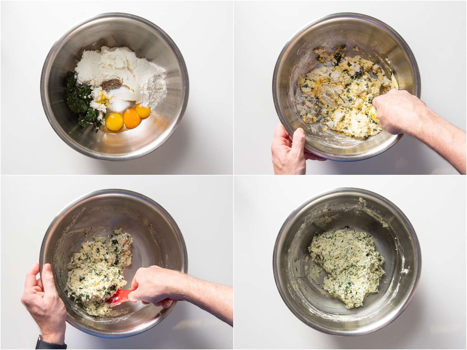 collage: combining ingredients for cheese and spinach gnudi