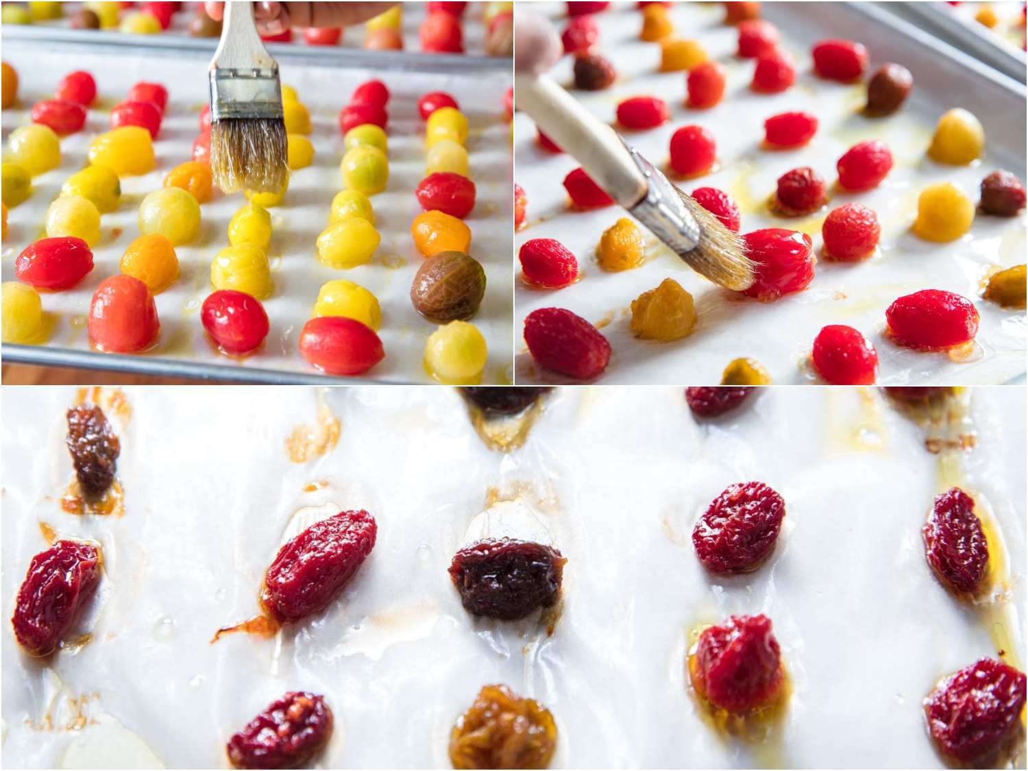 Brushing cherry tomatoes with sugar, water, and olive oil mixture