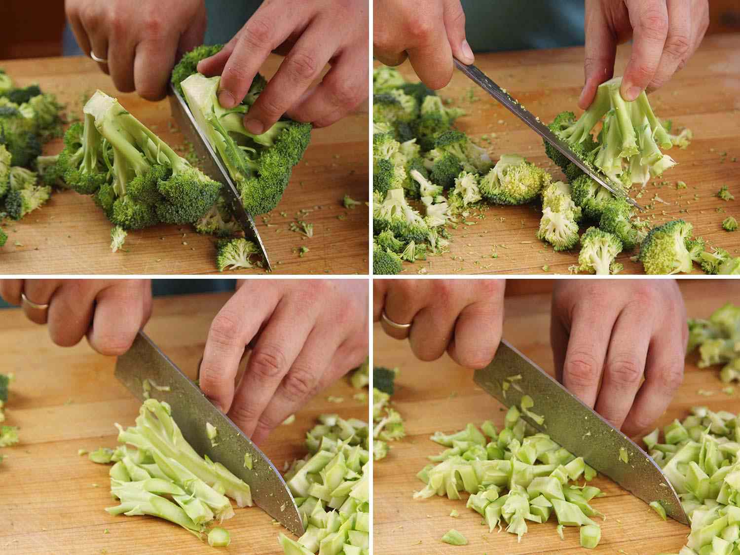 A four photo collage showing the process of breaking down a head of broccoli and chopping it on a cutting board into small pieces.