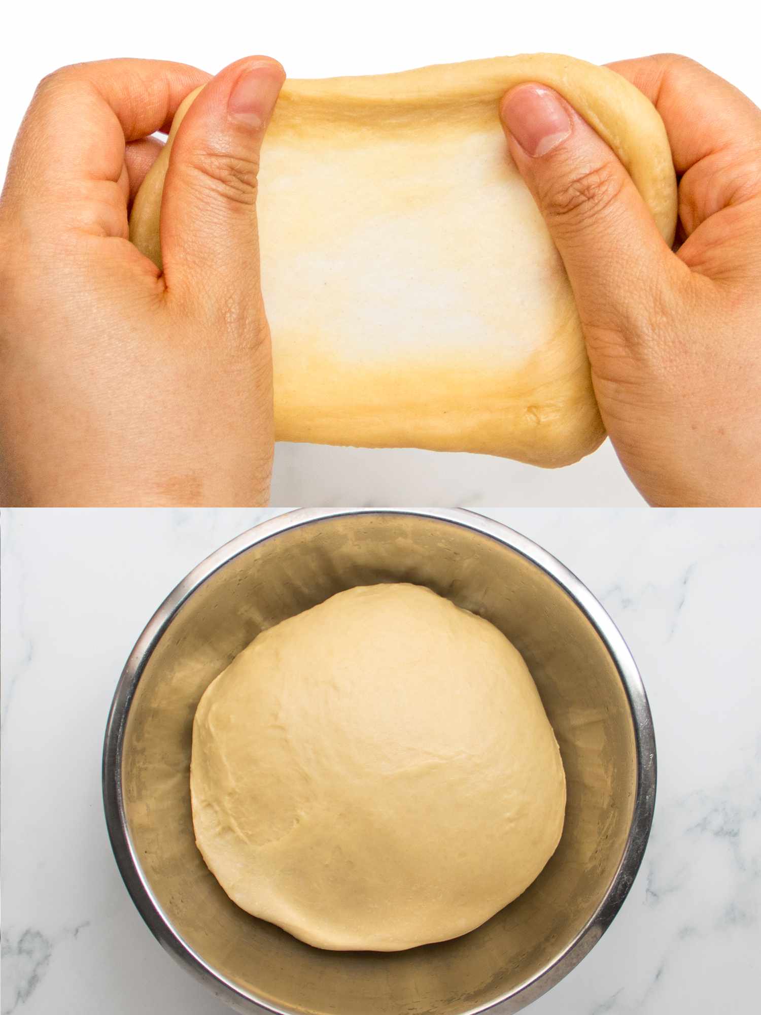 Two image collage. Top: Hands holding up dough, checking the consistency using the window pan test Bottom: proved dough in a bowl, risen and puffy