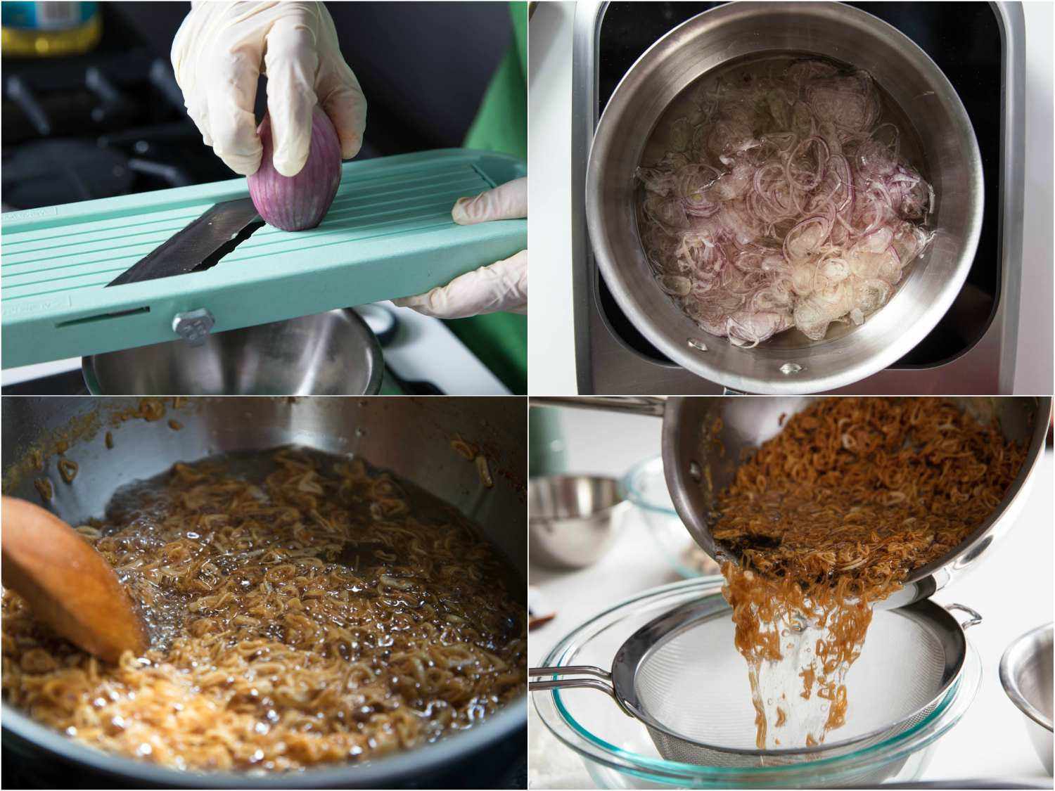 Collage of thinly slicing on a mandoline, adding them to cold oil, frying them until golden, and draining the oil with a fine-mesh strainer.