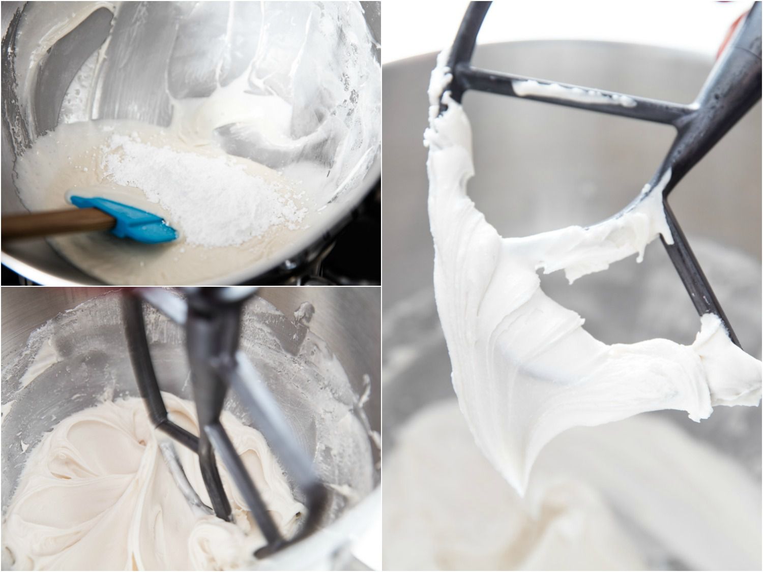 Photo collage of making royal icing: adding powdered sugar to icing base in stand mixer bowl, beating with paddle attachment until creamy and smooth