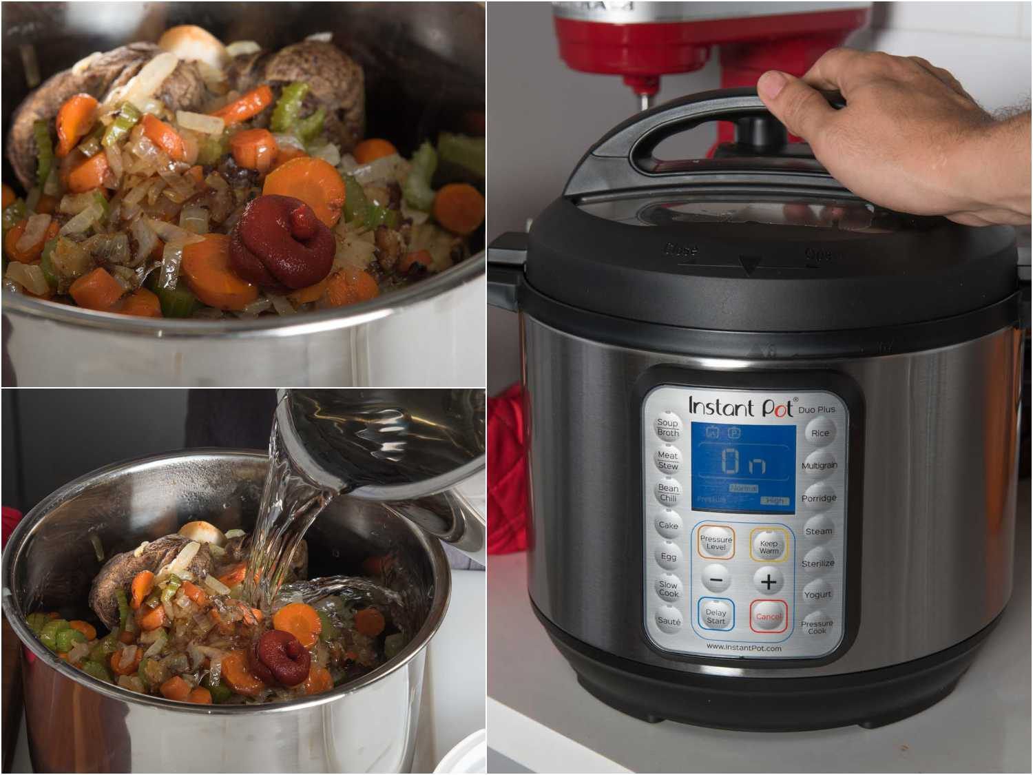 Collage of adding water to the roasted beef bones and vegetables in a pressure cooker and closing the lid.