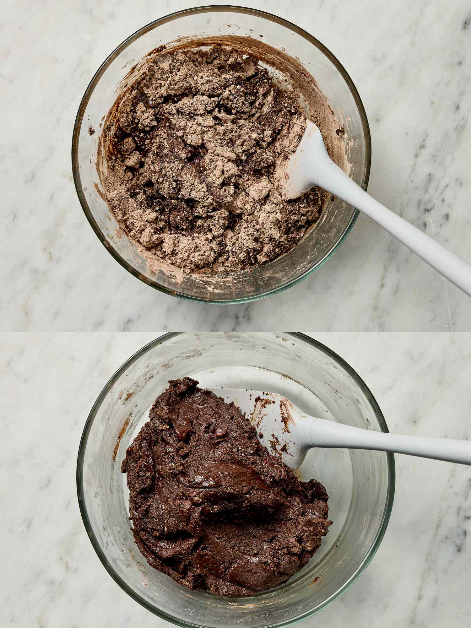 Two stages of preparing chocolate crinkle cookie dough in a glass bowl with a spoon
